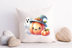 Watercolor Cute Pumpkin With Ghost