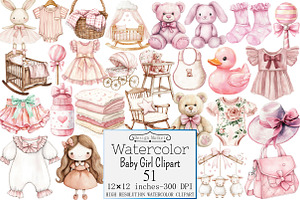 Watercolor Baby Girl Clipart, a Seasonal Illustration by Design Market