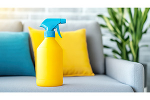 Yellow spray bottle on gray couch, a Nature Photo by Lermont51