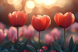 Three red tulips glowing in soft golden sunlight during sunset i, a Nature Photo by José Manuel Gelpi