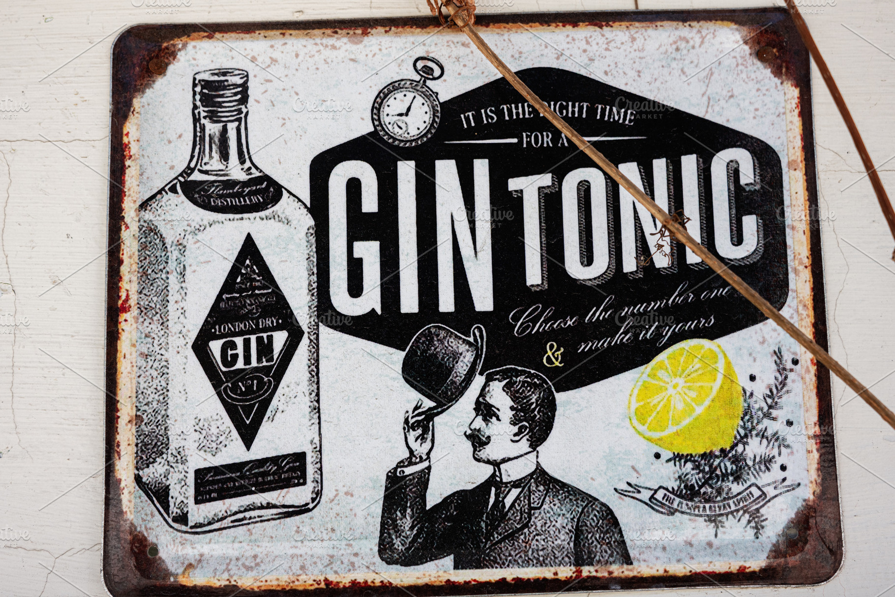 Retro Gin Tonic Sign with Vintage Illustration and Lemon Element, a Photo by AS photostudio