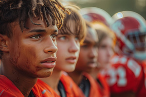 Focused Young American Football Players in Red Jerseys After a G, a Photo by AS photostudio