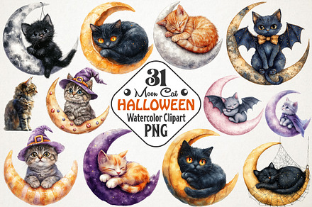 Moon Halloween Cute Cat Watercolor