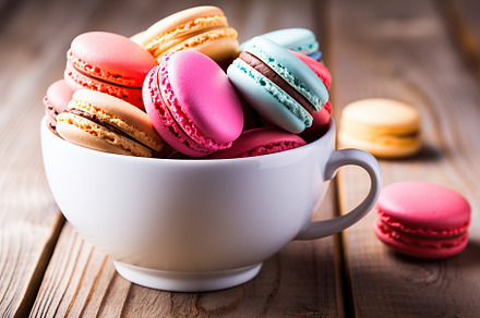 Colorful macarons with cup of tea on wooden background, a Food & Drink Photo by AlyaAnd