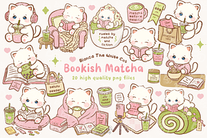 Bookish Matcha Cat Clipart, an Animal Illustration by Blumensdiary