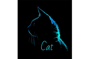Blue cat on a black background. Hand, an Animal Illustration by Nenahliadava Design