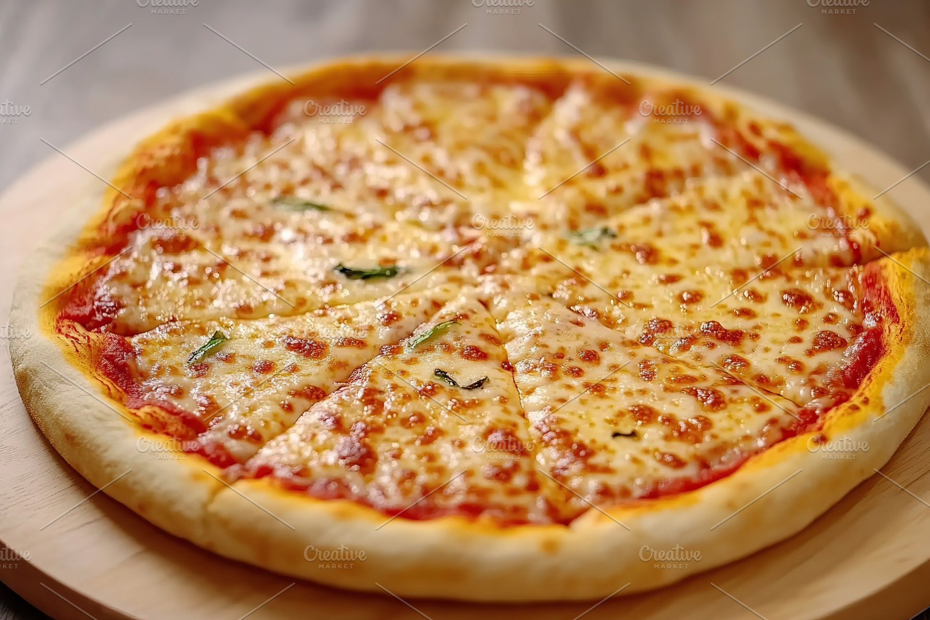 Baked pizza Margherita with melted mozzarella and fresh basil slices on wooden, a Food & Drink Photo by AlyaAnd