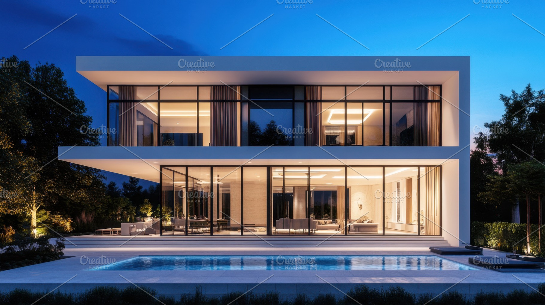 Night pool at modern home, a Photo by Beautiful things