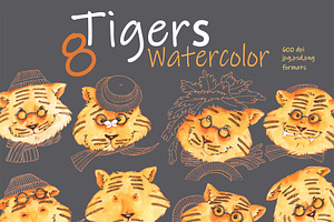 A set of tigers. Watercolor.