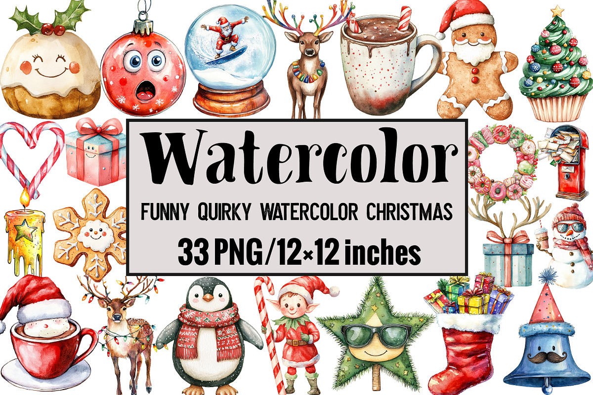 Funny Quirky Watercolor Christmas, an Illustration by Design Market (Photo 1 of 4)