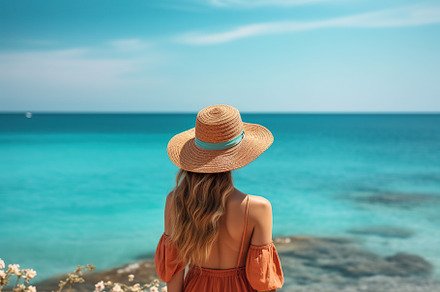 Woman in summer hat looking at the sea. Happy freedom lifestyle. Generative AI, a Person Photo by AlyaAnd