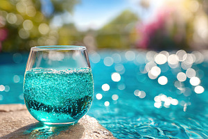 Refreshing blue beverage sits beside a shimmering pool on a sunny day, a Photo by AlyaAnd
