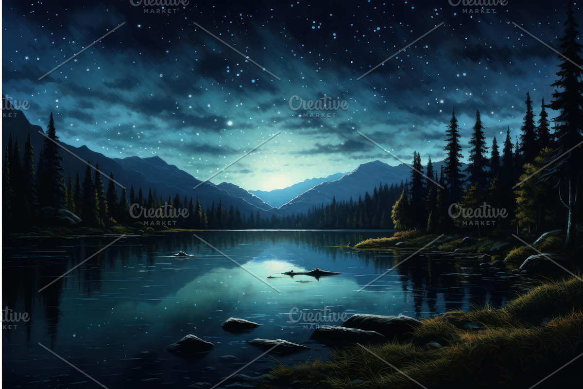 Breathtaking Night landscape lake, an Illustration by Ylivdesign