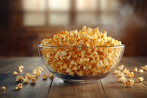 Hot popcorn in a glass bowl sitting on a rustic wooden table in a cozy setting, a Food & Drink Photo by AlyaAnd