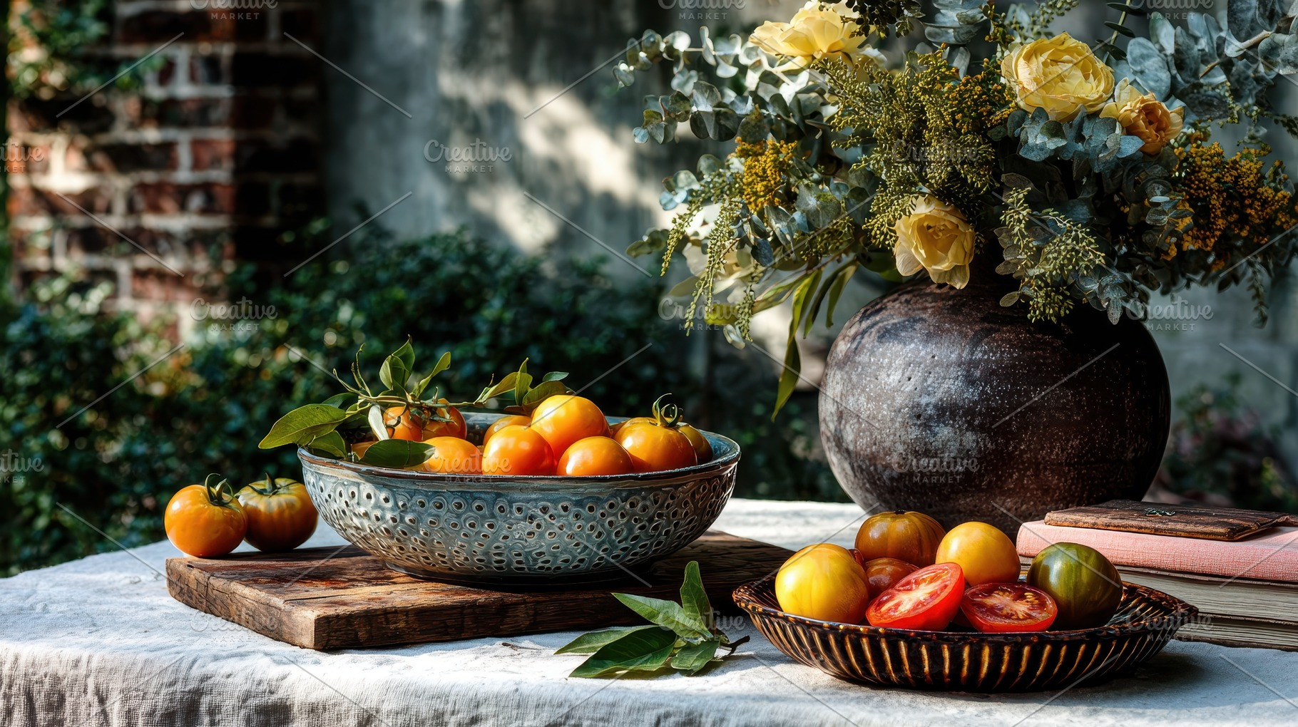 Yellow tomatoes in bowl garden setti, a Photo by Pixeness Studio