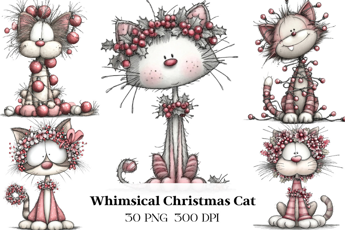 Whimsical Christmas Cat Clipart, an Illustration by CraftArtStudio (Photo 1 of 6)