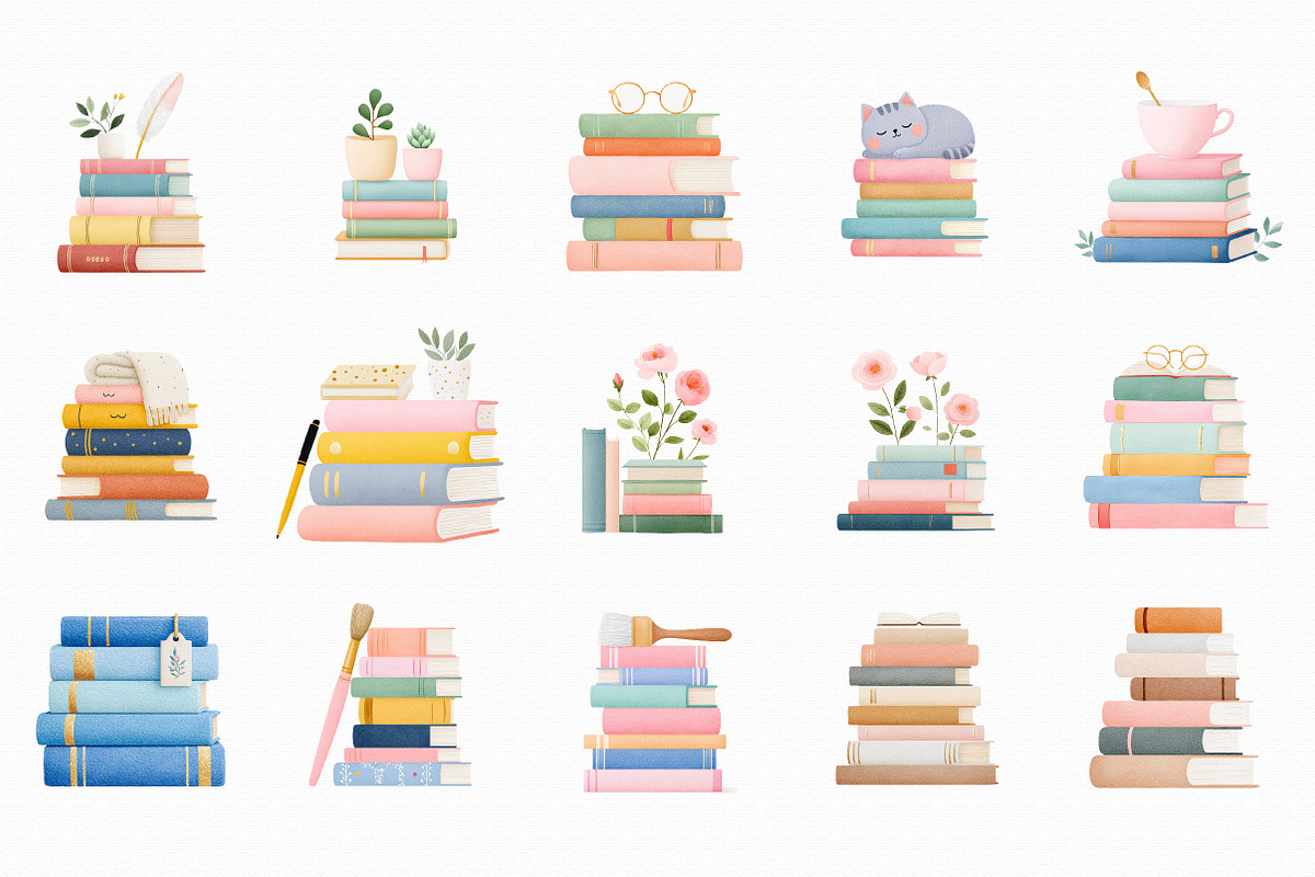 Watercolor Stack of Books Clipart, an Illustration by Libby Wishes (Photo 2 of 5)