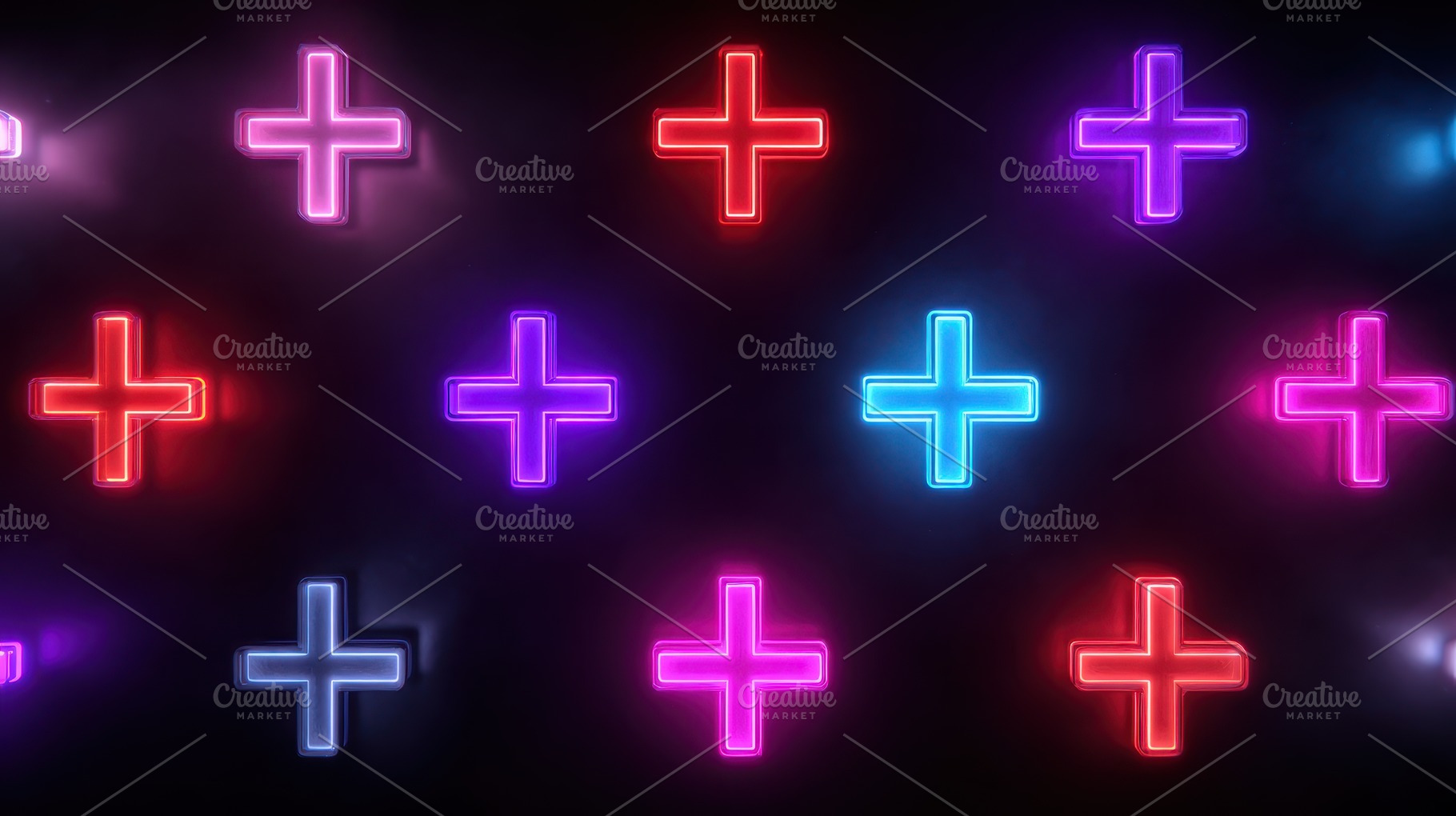 Neon Plus Signs Glowing Dark Backgro, a Photo by Pixeness Studio