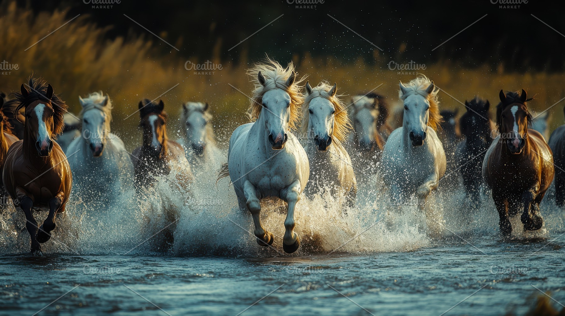 Horses gallop through water, showcas, an Animal Photo by Pixeness Studio