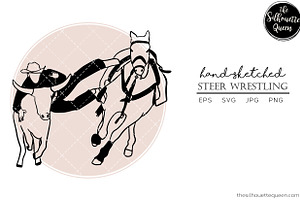 Hand Drawn Rodeo Steer Wrestling