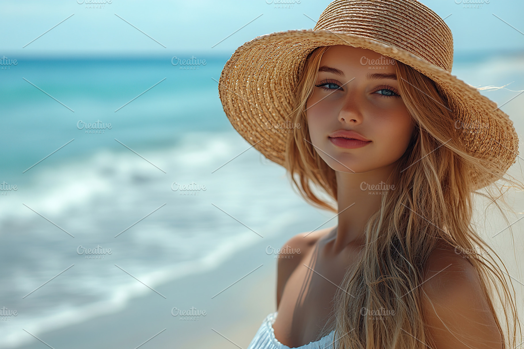 Woman wearing a straw hat walks along the serene ocean beach dur, a Person Photo by AlyaAnd