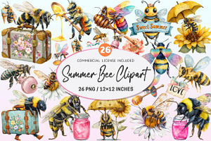 Watercolor Summer Bee Clipart, a Graphic by CitraGraphics
