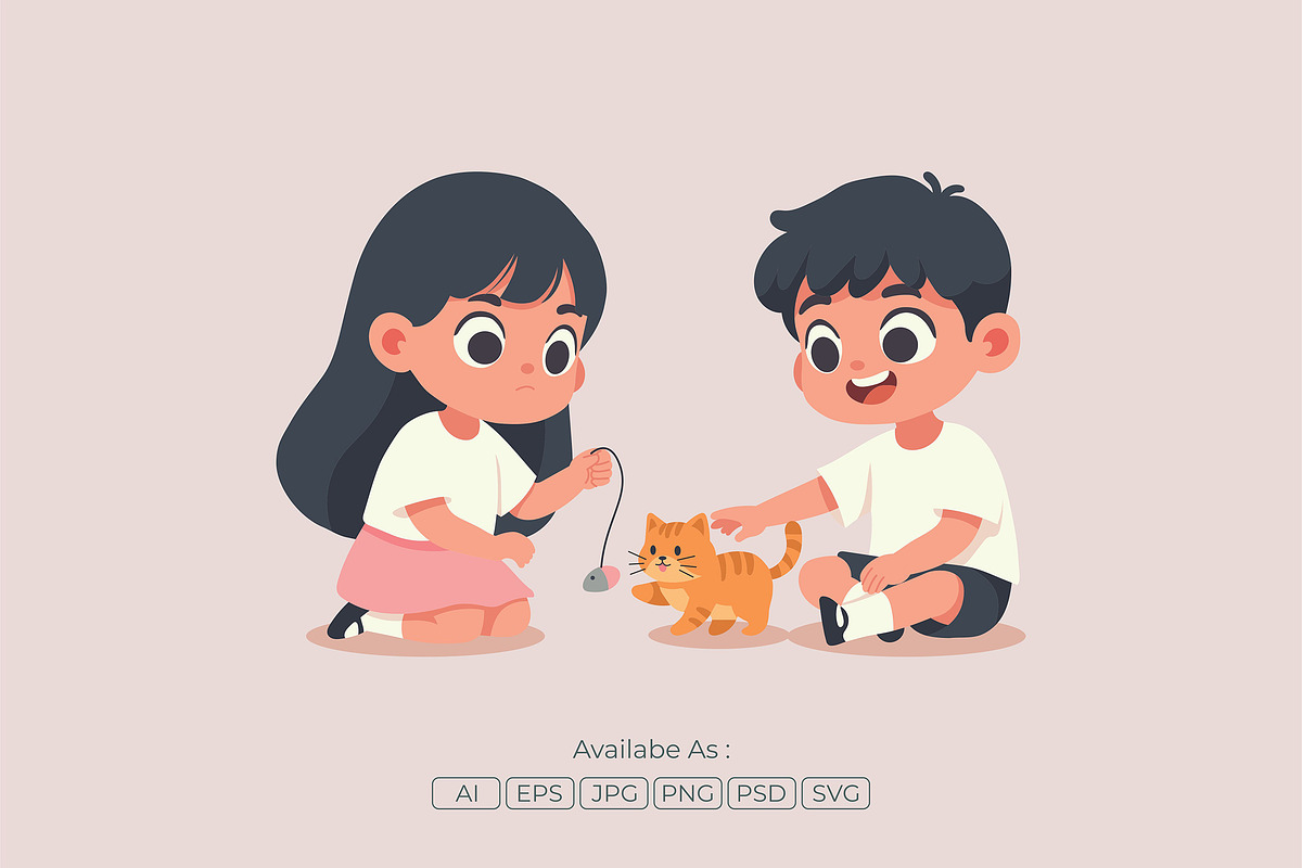 Children and Cat Playtime Cartoon, a Person Illustration by Partikusi Design (Photo 2 of 3)