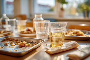 Table filled with empty glasses and leftover food in bright sunlight during aft, a Photo by AlyaAnd