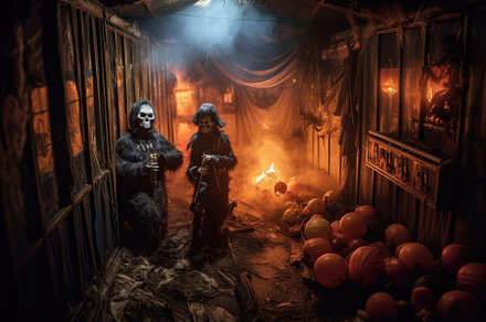 A spooky scene at a haunted house attraction. Halloween Concept., a Holiday Photo by designvectx