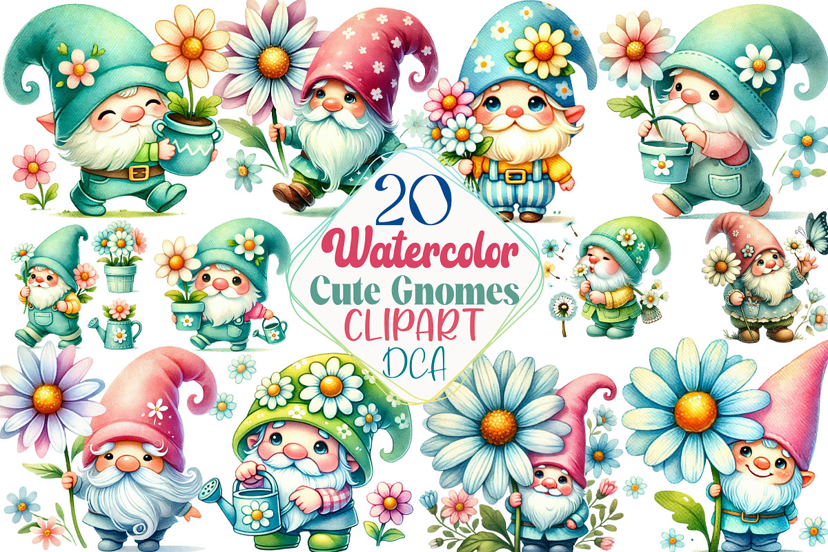 Watercolor Cute Gnomes with Daisy, an Illustration by DreamCafeArt (Photo 1 of 5)