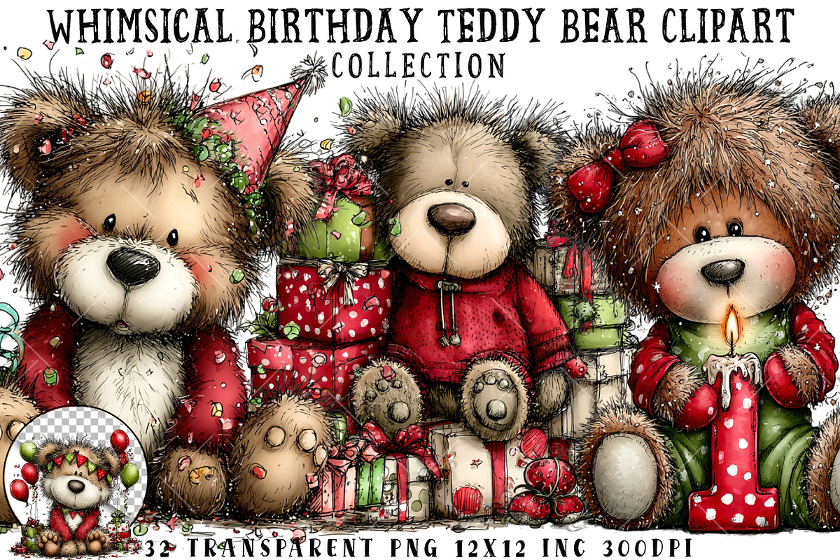 Whimsical Birthday Teddy Bear Clipar, an Illustration by OK Design (Photo 1 of 6)