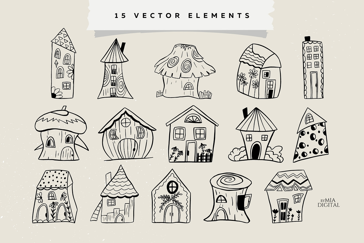 Wooden House Lineart Vector Cliparts, an Illustration by Mia Digital (Photo 2 of 5)