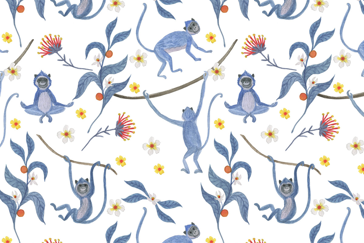 Blue monkeys - watercolor patterns, a Pattern Graphic by ramika (Photo 5 of 7)