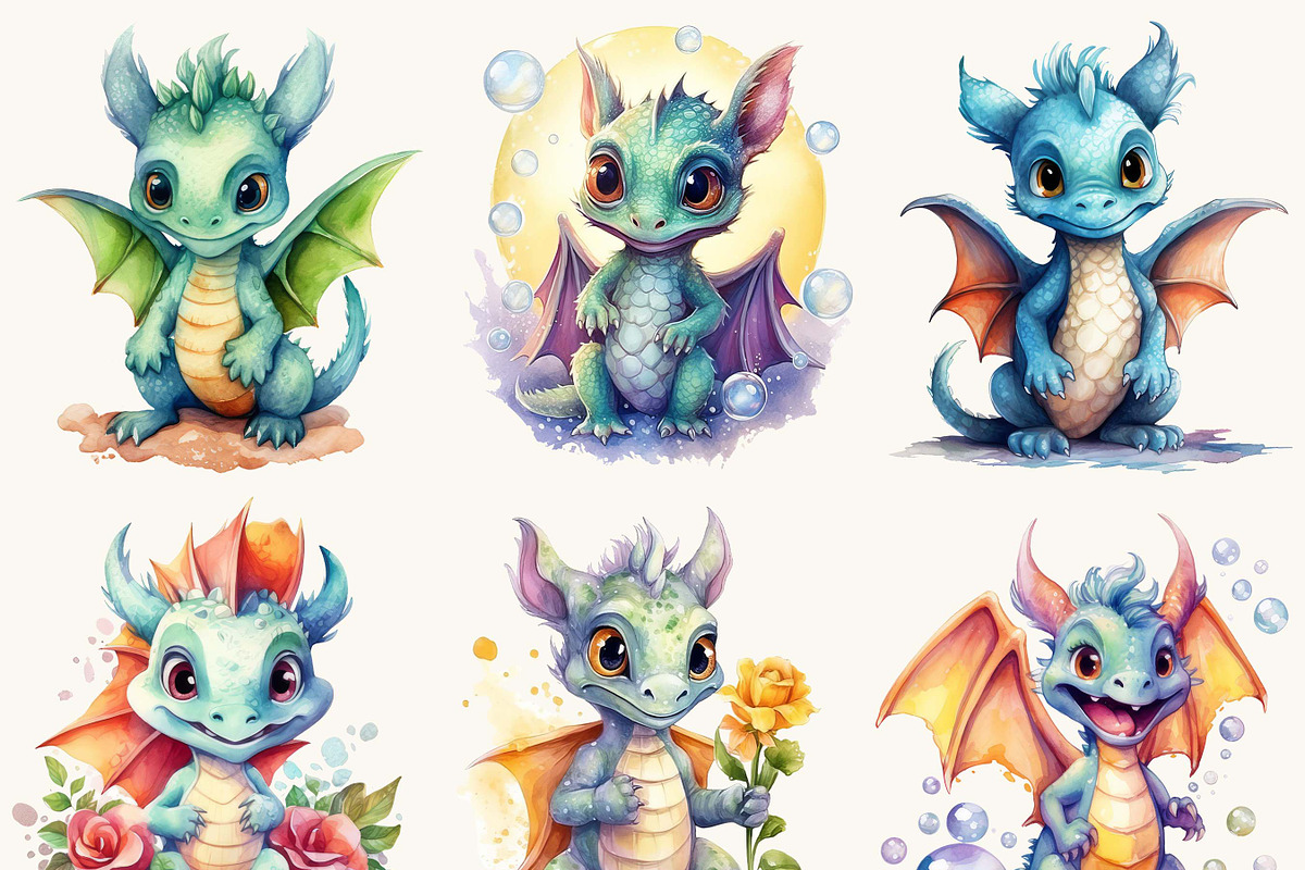 Watercolor Baby Dragon Clipart, an Animal Illustration by BusyDaydesign (Photo 4 of 9)