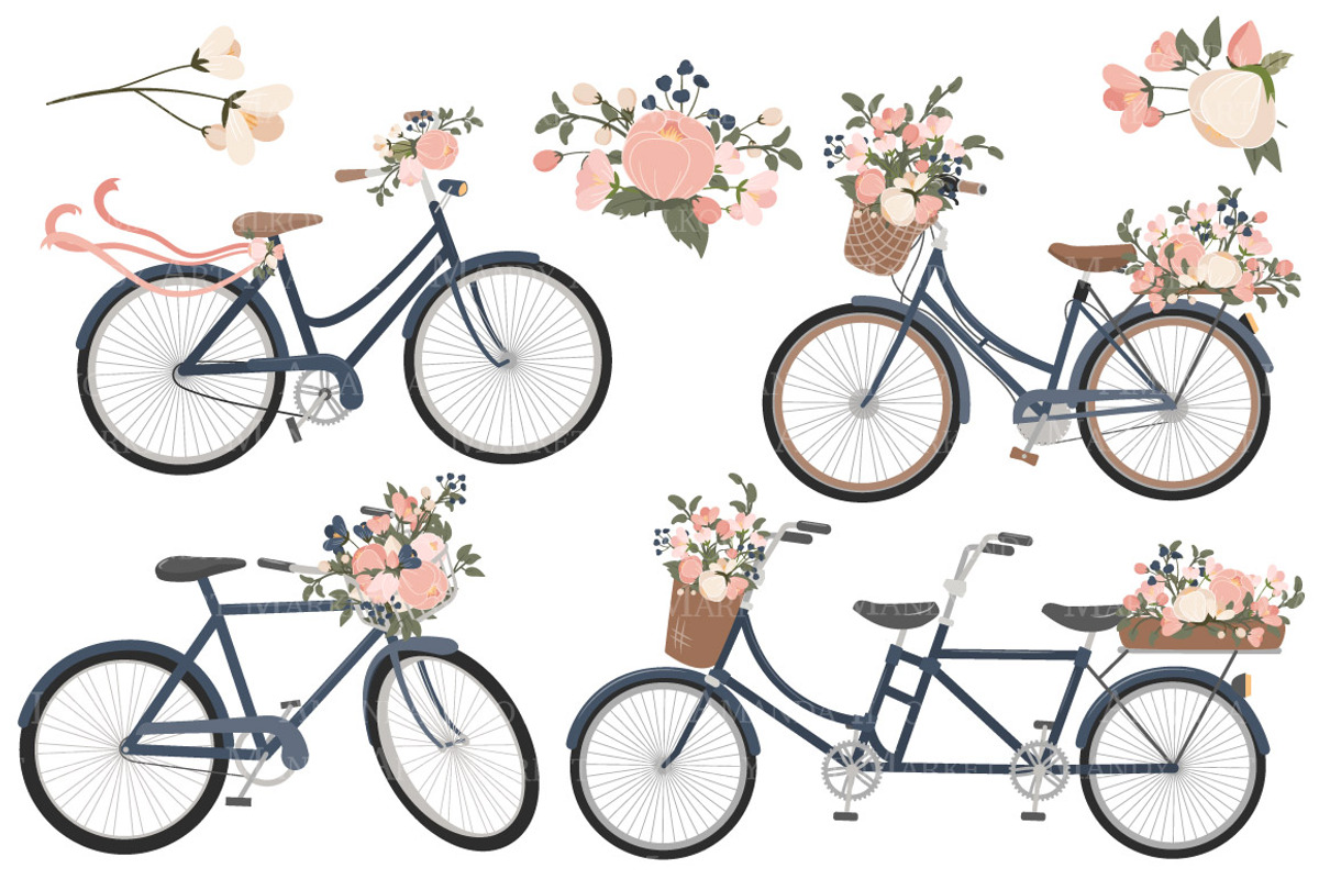 Navy & Pink Floral Bicycles Clipart, an Illustration by Amanda Ilkov (Photo 3 of 5)