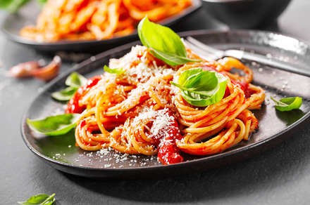 Pasta with tomato sauce and parmesan stock photo containing pasta and tomato, a Food & Drink Photo by Valeria Art