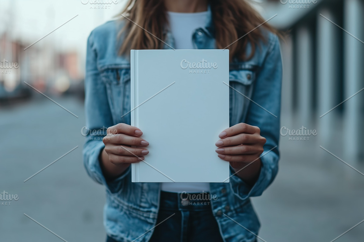 A person holding a blank book mockup in front of them, wearing a denim jacket., a Books & Magazine Mockup by Textures & Backgrounds