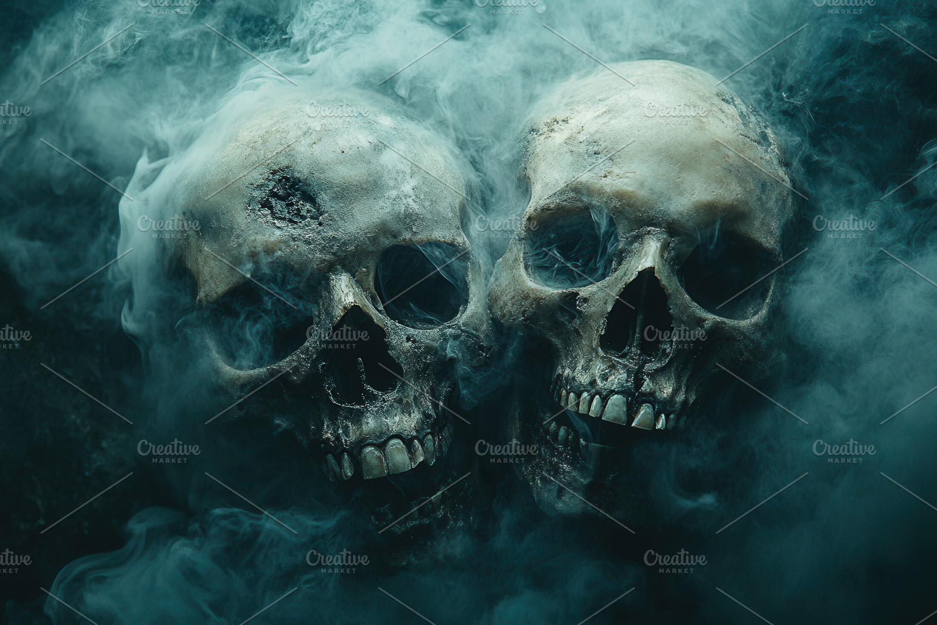 Skulls resting in fog evoke a myster, a Photo by Tanuart