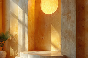 Warm Mediterranean Arch Interior With Stone Podium, Sunlight Sha, an Abstract Photo by José Manuel Gelpi