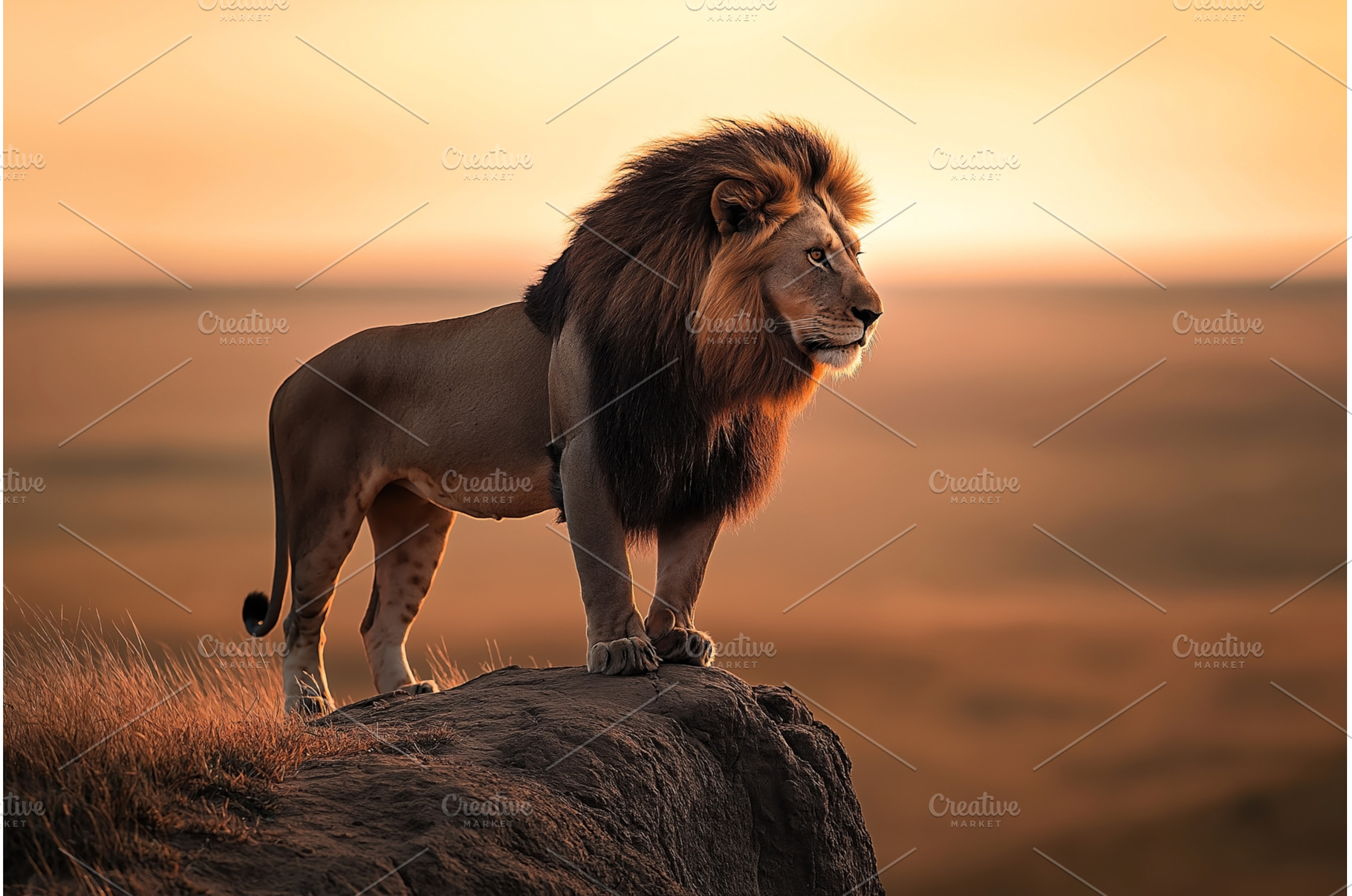 A majestic male lion standing on a, an Animal Photo by Sergey Kotenev