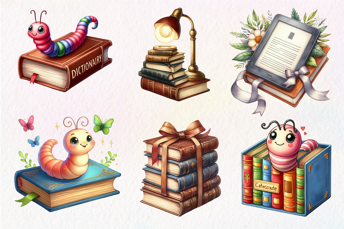 Bookworm Watercolor Clipart, an Illustration by Dream Creation (Photo 4 of 7)