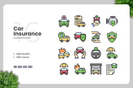Car Insurance Colored Icons, an Icon by Upnowgraphic