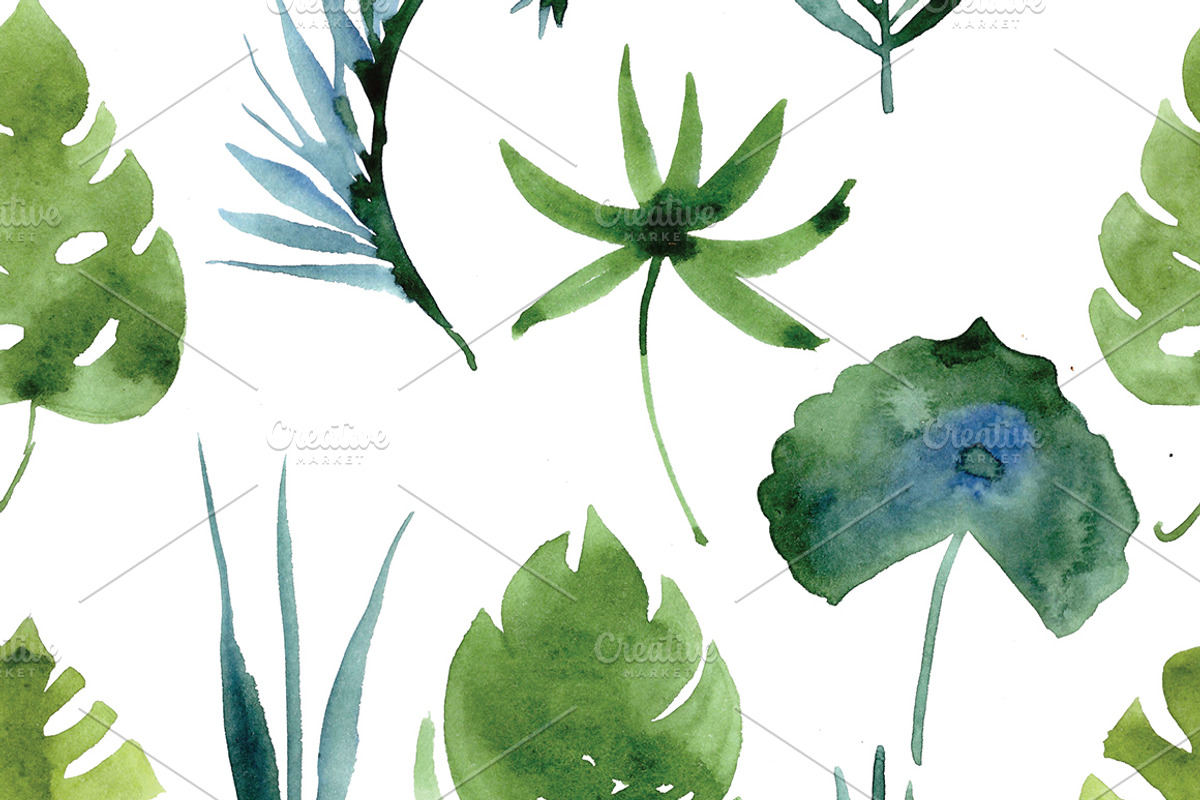 watercolor tropical leaves, patterns, an Illustration by Olesya Morokhovets (Photo 4 of 11)