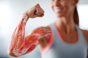 Woman showing anatomical bicep flex in fitness center during workout session, a Sports & Recreation Photo by AlyaAnd