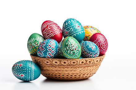 Basket with colorful easter eggs isolated on white background, a Holiday Photo by AlyaAnd