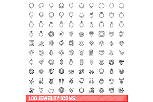 100 Jewelry Icons Set, Outline Style