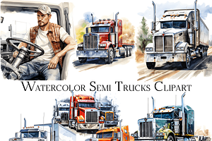 Watercolor Semi Trucks Clipart