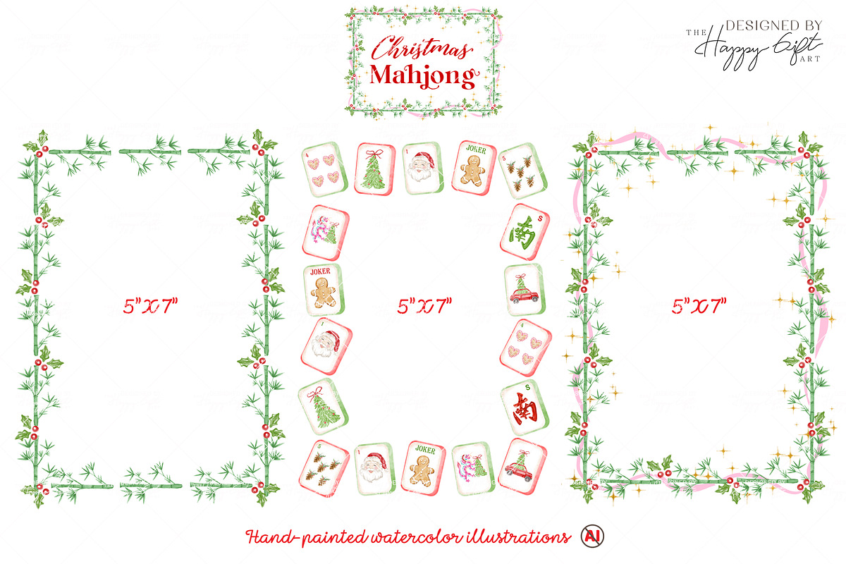 Christmas Mahjong watercolor clipart, a Seasonal Illustration by TheHappyGiftArt (Photo 3 of 8)