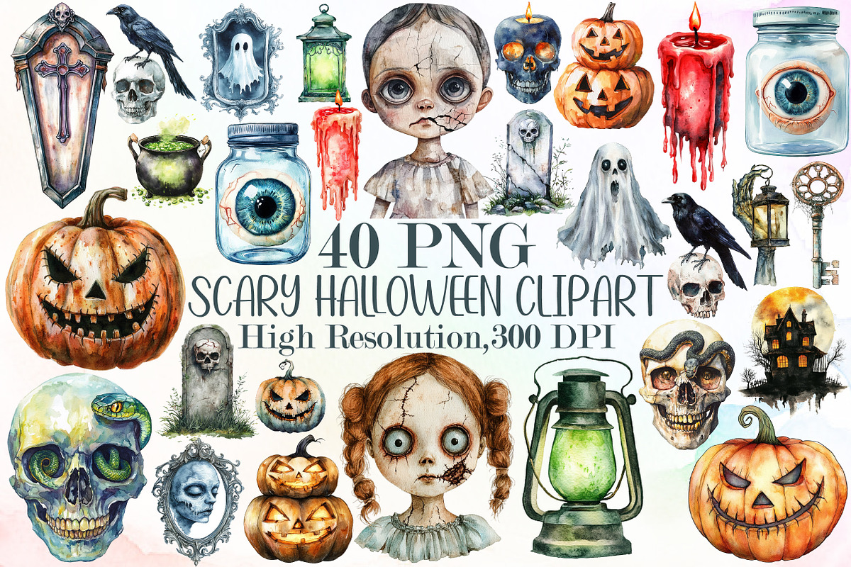 Watercolor Scary Halloween Clipart, an Illustration by Sublimation Artist (Photo 1 of 6)