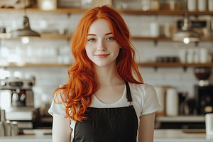 Cute woman barista stands behind the counter of coffee shop. Tak, a Person Photo by AlyaAnd